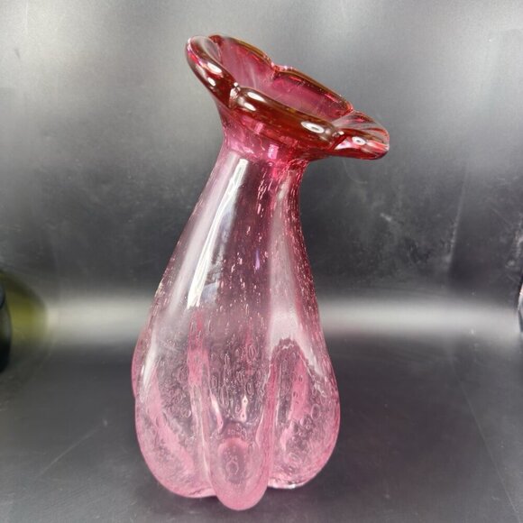 Large Art Glass Vase Vessel Pink Flower Shape Vas With Air Bubbles All Over Vase - Picture 9 of 16